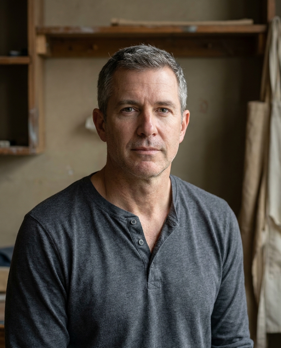 Man in his early fifties, charcoal henley, direct gaze