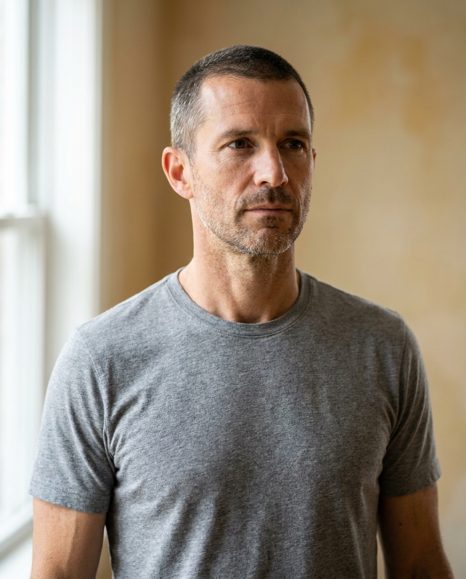 Man in his mid-forties, gray crewneck t-shirt, mid-thought expression